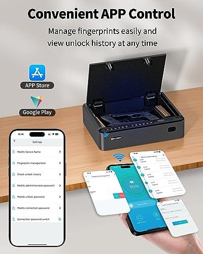 BILLCONCH Smart Gun Safe with Security Cable - Biometric Gun Safe for Handgun 4 Ways Quick Access with Fingerprint/Keypad/Key/APP Lock Pistol Safe for Nightstand Bedside Home Car with LCD/Voi - WoodArtSupply