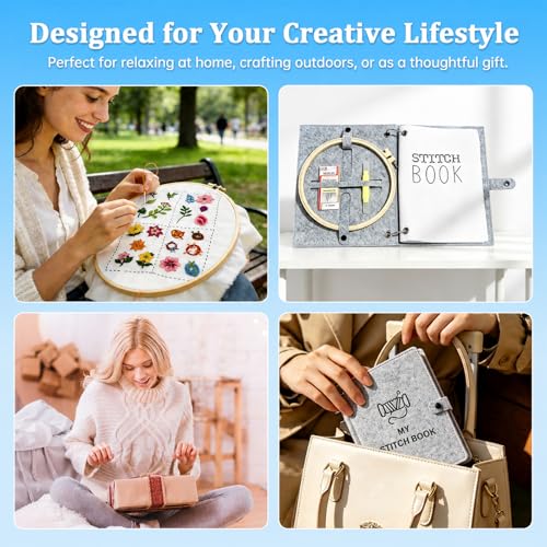 2026 Upgraded Embroidery Stitch Book Kit with 8.27"x10.65" Portable Loose-Leaf Cover, 103 Stitches & 60 Patterns, All-in-One Hand Embroidery Kit for Beginners with Tools & Step-by-Step Video Tutorials