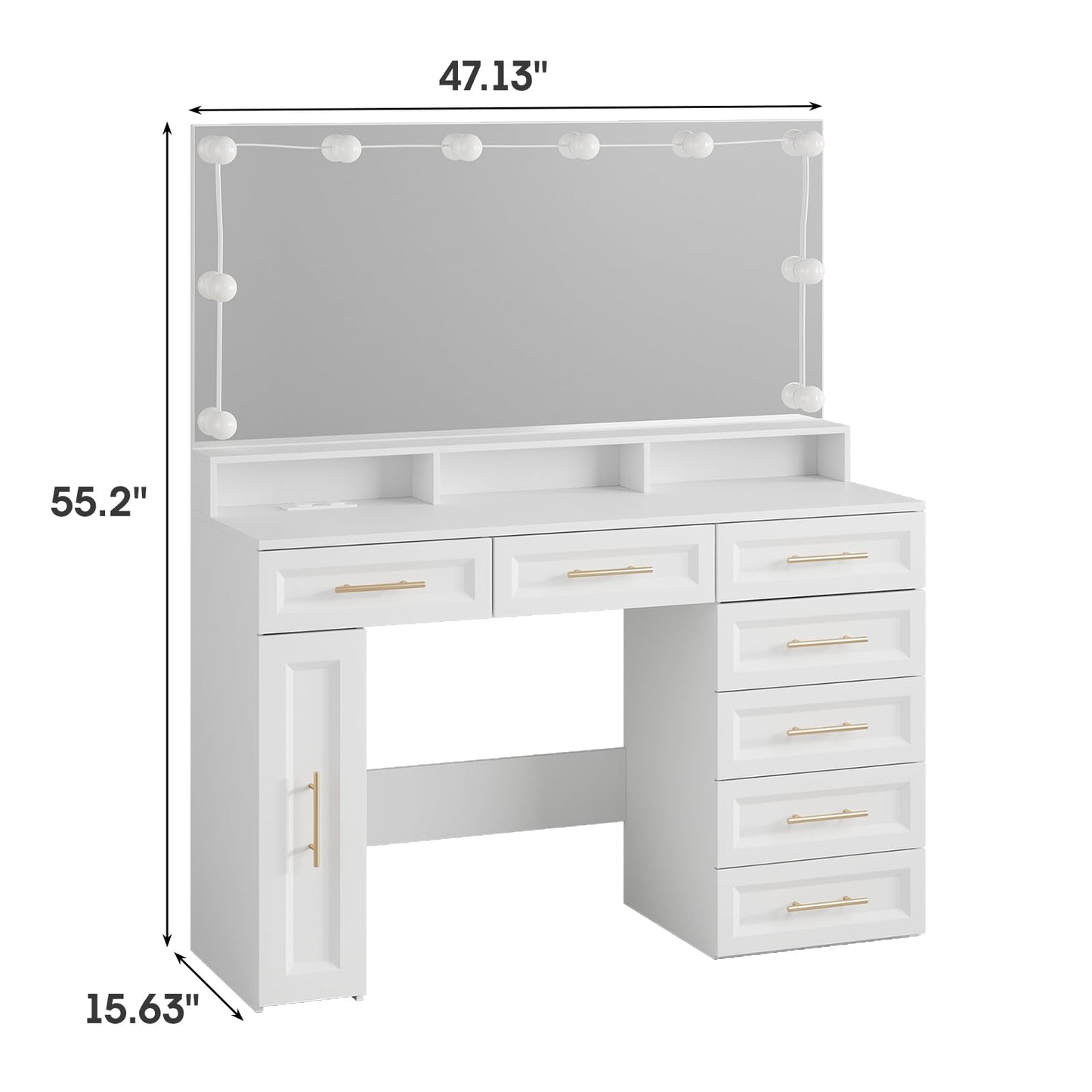 Vabches Large Makeup Vanity Desk, 47" White Vanity Table with Mirror and Lights, 3 Modes Adjustable Brightness and Jewelry Cabinet, Glass Top Vanity with Power Outlet and 7 Drawers for Bedroom