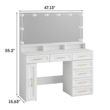 Vabches Large Makeup Vanity Desk, 47" White Vanity Table with Mirror and Lights, 3 Modes Adjustable Brightness and Jewelry Cabinet, Glass Top Vanity with Power Outlet and 7 Drawers for Bedroom Vabches