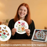 Flowers Embroidery Kits for Beginners Adults, Butterfly Hand Embroidery Starter Kits, Bee Cross Stitch Kits for Beginner Needlepoint DIY Kits for Adult, 2 Set Embroidery Hoops, Thread & Video Tutorial