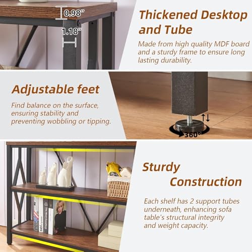 HOMISSUE Sofa Console Table, Rustic Console Table with 3-Tier Storage, Engineered Wood Sofa Tables with Open Shelves, Heavy Duty Entryway Tables for Living Room, Hallway (47 Inch, Rustic Brown) HOMISSUE