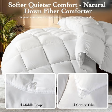 Gehtmnl Goose Down Fiber Comforter King Size – All Season Naturally Breathable Down Comforters, Luxury Hotel Collection Duvet Insert with 8 Corner Tabs, Cotton Fabric & Baffle Box (White,65oz Fill) Gehtmnl