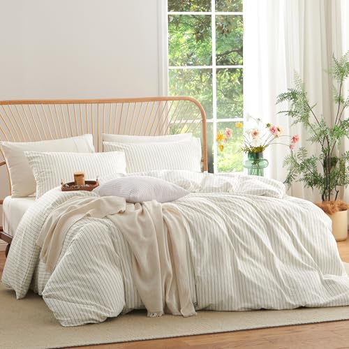 Nayoroom Striped Duvet Cover Queen Size 100% Washed Cotton White Brown Stripe Duvet Cover 3 Pieces Soft Breathable Girls Dorm Bedding Set for All Seasons, Yarn Dyed Process Nayoroom