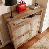 YITAHOME Farmhouse Shoe Cabinet with 2 Flip Drawers, Rattan Shoe Rack w/Adjustable Shelves and Open Storage, Rustic Wood Entryway Organizer for Hallway, Foyer, Porch, Living Room, Light Oak YITAHOME