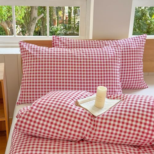 NSNLGSGC Red Gingham Grid Duvet Cover Set Twin, 100% Washed Cotton Plaid Comforter Cover Set,Ultra-Soft & Lightweight Cottage Bedding Set(2PCS, Twin) NSNLGSGC