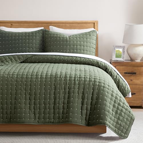 WDCOZY King Size Quilt Bedding Sets with 2 Pillow Shams, Lightweight Soft Bedspread Coverlet, Quilted Blanket Thin Comforter Bed Cover for All Season, 3 Pieces, 104x90 inches, Moss Green WDCOZY