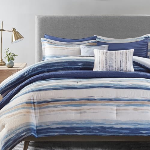 Madison Park Marina Comforter Quilt Combo Set - Modern Luxury Design, All Season Down Alternative Bedding, Matching Shams, Decorative Pillows, Full/Queen(90"x90"), Seersucker Blue 8 Piece Madison Park