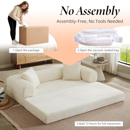 78 Inch Convertible Futon Sofa Bed,Folding Boneless Couch with Sleeper Sofa,Fold Out Floor Sofa Couch with Deep Seat,Cloud Corduroy Foldable Mattress Couches for Living Room(Off White) ZKJOLMN