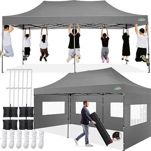COBIZI 10x20 Pop up Canopy Tent 10x20 Canopy with 6 Sidewalls Waterproof Heavy Duty Commercial Tent for Parties Outdoor Garden Gazebo, Carry Bag with Wheel(10x20ft, Gray) COBIZI