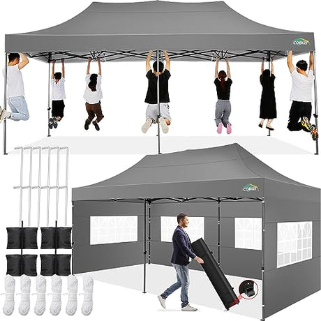 COBIZI 10x20 Pop up Canopy Tent 10x20 Canopy with 6 Sidewalls Waterproof Heavy Duty Commercial Tent for Parties Outdoor Garden Gazebo, Carry Bag with Wheel(10x20ft, Gray) COBIZI