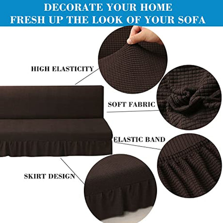 Stretch Armless Futon Cover with Skirt Knitted Jacquard Futon Sofa Bed Cover Machine Washable Futon Couch Cover Futon Sofa Cover Furniture Bed Protector with Elastic Bottom for Kids,Pets(Coffee) HFCNMY