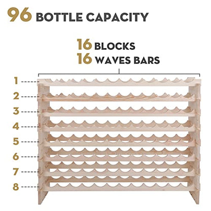 Smartxchoices Stackable Modular Wine Rack 96 Bottle Wooden Wine Storage Rack Freestanding Wine Holder Display Shelves, Wobble-Free, Solid Wood, - WoodArtSupply