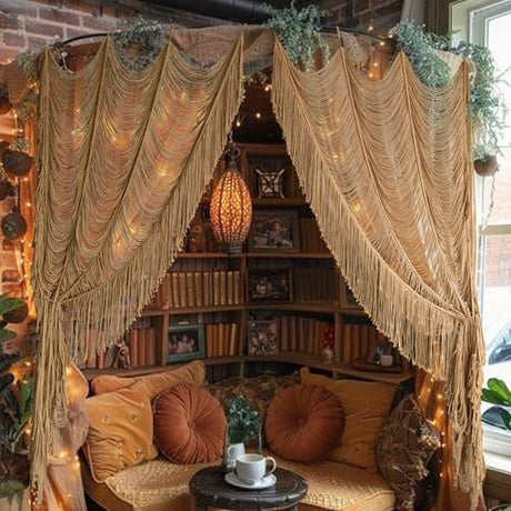 Macrame Curtain Boho Curtain Doorway Window Wall Decor Fiber Yarn Art Handwoven Wall Hanging Art Craftsmanship Home Door Bedroom Wedding Backdrop Arch,Closet Room Divider 59" W x 75" H (1 Panel,Khaki) Flber