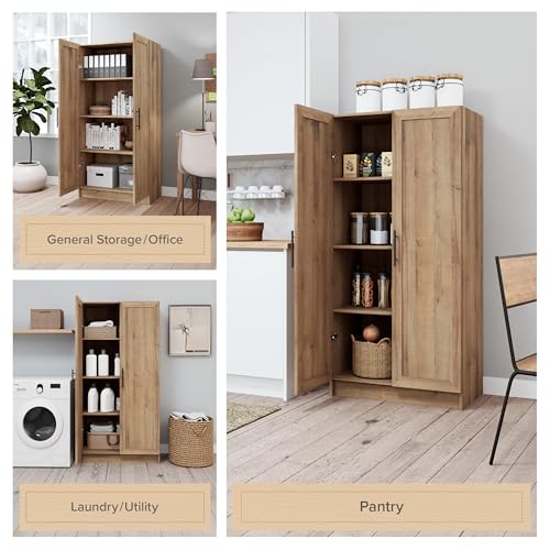 Prepac Natural Oak Elite 65" Tall Accent Kitchen Pantry Cabinet, Craft or Bathroom Storage Cabinet, Buffet Storage with Panel Doors, 3 Shelves, 32" W x 16.75" D x 65" H, Ideal for Home Organization Prepac