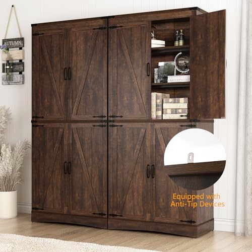 Farmhouse Tall Kitchen Pantry Cabinet with Adjustable Shelves and Barn Doors - 71" Brown Storage Solution - WoodArtSupply