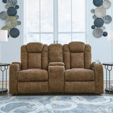 Signature Design by Ashley Wolfridge Contemporary Faux Leather Power Reclining Loveseat with Console, Cup Holders and USB Ports, Light Brown Signature Design by Ashley