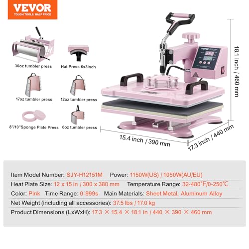 VEVOR 8 in 1 Heat Press Machine Combo with 30 OZ Tumbler Press & Hat Press 12x15 inch Heat Press for T-Shirts, Hats Caps Tumblers Glass Cans Mugs, and Plates (Pink) VEVOR