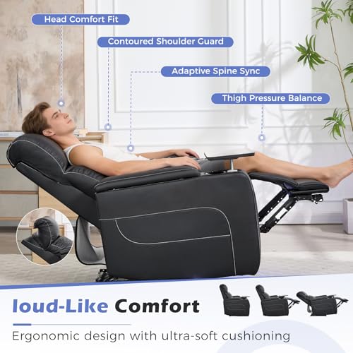 ANJ Power Recliner Chair with Adjustable Headrest, LED Lights & Detachable Tray Table, Faux Leather Electric Home Theater Seating with Cup Holders, USB,Hidden Arm Storage,GRS Certified,Black