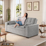 Gizoon Convertible Sofa Bed Futon, 70.9'' Sleeper Loveseat with Pull Out Couch, 3 in 1 Plush Fleece Fabric Futon Couch with Side Pockets, Storage Armrest & Adjustable Backrest for Living Room, Grey Gizoon