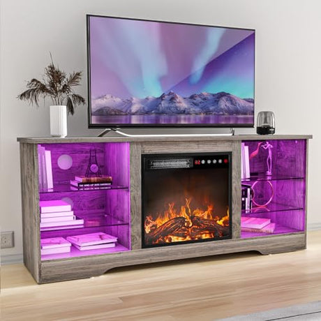 TAVATA 58" Fireplace TV Stand, Modern Entertainment Center with Fireplace for TVs up to 65 inch, Media TV Console for Living Room with Led Lights, Adjustable Glass Shelves and Storage Cabinets (Grey) TAVATA