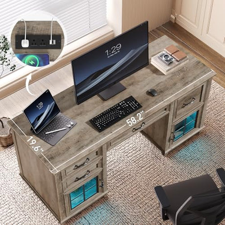 RALGEND 58" Farmhouse Executive Desk with Drawers, LED Light, Computer Desk with Drawers and File Cabinet, Wooden Home Office Desk with Charging Station, Workspace for Writing, Greige RALGEND