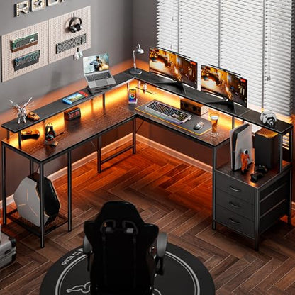 Huuger L Shaped Gaming Desk with LED Lights and Power Outlets, Computer Desk with 3 Drawers, 66.1 Inches Corner Desk, Home Office Desk with Printer and Monitor Stand, Large Storage Space, Bla - WoodArtSupply