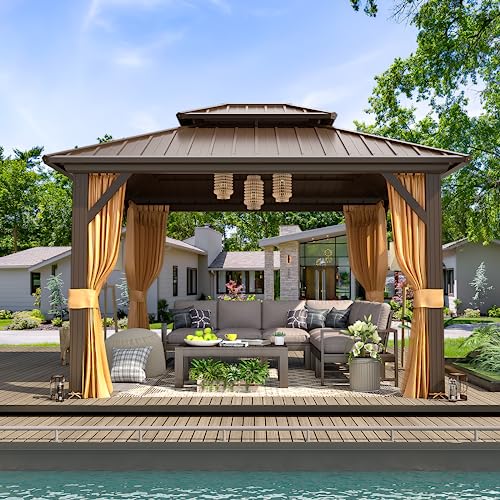 MELLCOM 10'x12' Hardtop Gazebo, Galvanized Steel Metal Double Roof Aluminum Gazebo with Curtain and Netting, Brown Permanent Pavilion Gazebo for Patio, Lawn & Garden MELLCOM