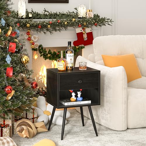VECELO Nightstands Set of 2, Mid Century Modern End Bedside Table, Night Stand with Storage Drawer and 2 Tiers Open Shelf for Small Place, Bedroom, Living Room, Easy Assembly, Black VECELO