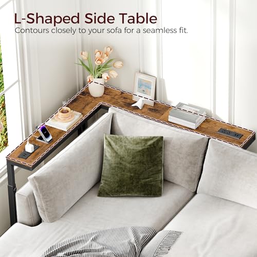 MAHANCRIS 78.7'' Narrow Console Table with Adjustable Height (24.3"-32.7") & 2 Power Outlets, Skinny Sofa Table Behind Couch, L-Shaped Long Entryway Table for Living Room, Rustic Brown CTHR820E01 MAHANCRIS