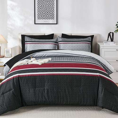 WONGS BEDDING 7 Pieces Comforter Set Queen Size, Black-red Striped Bed in a Bag Comforter and Sheet Set, Black Boho Soft Lightweight Micorfiber Bedding Set for All Season (90"×90") WONGS BEDDING