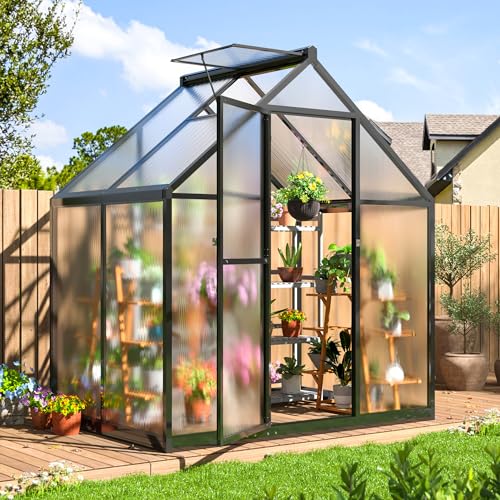VIWAT 4x6 FT Greenhouse for Outdoors, Polycarbonate Greenhouse with Quick Setup Structure and Roof Vent, Aluminum Large Walk-in Greenhouse for Outside Garden Backyard, Black VIWAT