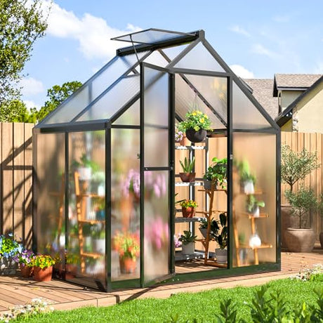 VIWAT 4x6 FT Greenhouse for Outdoors, Polycarbonate Greenhouse with Quick Setup Structure and Roof Vent, Aluminum Large Walk-in Greenhouse for Outside Garden Backyard, Black VIWAT