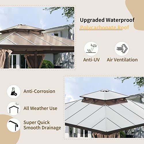 Domi 12' X 12' Hardtop Gazebo, Permanent Outdoor Gazebo with Polycarbonate Double Roof, Aluminum Gazebo Pavilion with Curtain and Net for Garden, Patio, Lawns, Deck, Backyard