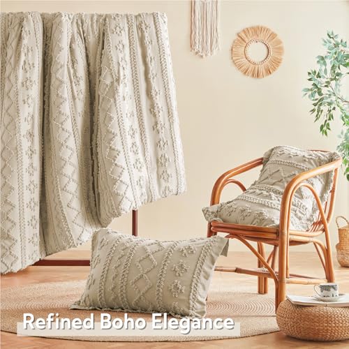 MR&HM Tufted Boho Comforter Set King Size, Linen Farmhouse Bedding Set, Bed in a Bag Set 7 Pieces with 1 Comforter, 2 Pillow Shams, 2 Pillowcases, 1 Flat Sheet, 1 Fitted Sheet for All Seasons MR&HM