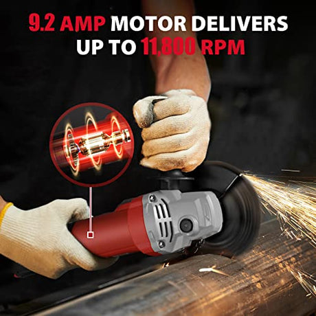 DCK Angle Grinder, 9.2Amp 4-1/2-Inch Corded Angle Grinder, 11,800 RPM with 2 Safety Guards, 6 Piece Discs (2 Cutting/ 2 Grinding/ 2 Flap Discs), Professional Angle Grinder for Metal, Wood (KSM17-115B） DCK