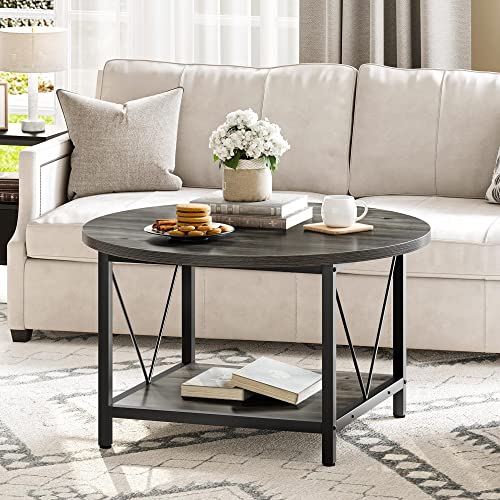 YITAHOME Round Coffee Table,Rustic Wood Coffee Tables for Living Room with Storage Shelf, Modern Farmhouse Circle Coffee Table Center with Sturdy Metal Legs Home Furniture,Grey - WoodArtSupply