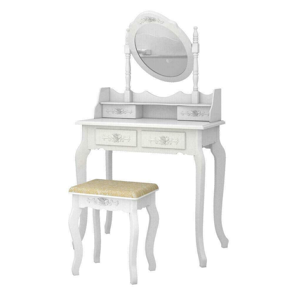 White Vanity Jewelry Makeup Dressing Table Set W/Stool 4 Drawer Mirror Wood Desk - WoodArtSupply