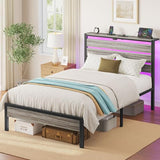 Rolanstar Bed Frame Twin Size with USB Charging Station, LED Bed Frame with Wood Storage Headboard, Light Grey Metal Platform Bed with Under Bed Storage, No Box Spring Needed, Noise Free Rolanstar