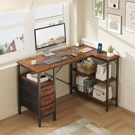 DUMOS L Shaped Desk with Shelf Drawers 47 Inch, Brown Corner Computer Desks Gaming with Power Outlet, Study Table with Adjustable Shelves, Home Office Tables for Bedroom Teacher Reading Writing DUMOS