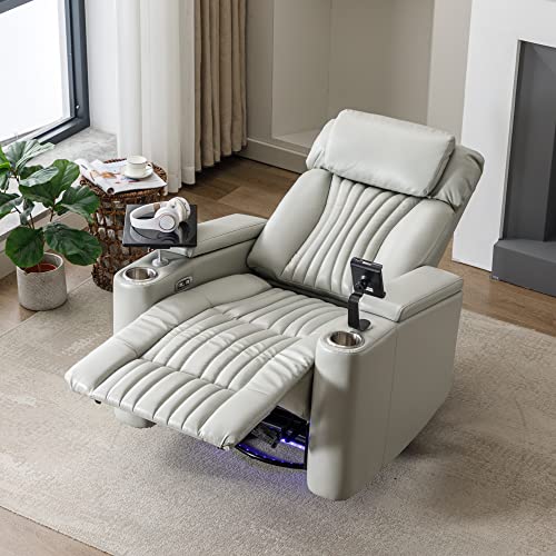 QKFF Power Swivel Glider Recliner for Nursery, Home Theater Seating with Hidden Arm Storage LED Light Strip Cup Holder Tray Table Cell Phone Holder for Living Room