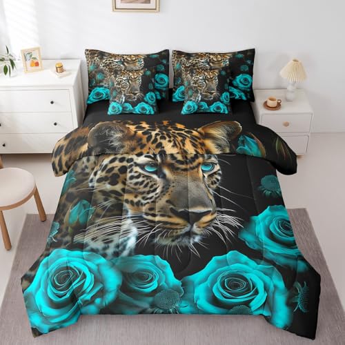 Erosebridal Cheetah King Size Comforter Set - Bedding Set King 7 Pieces,Turquoise Teal Rose Bed in a Bag Leopard Print African Animals Big Cat Bed Set with Comforter,Sheets,Pillowcases & Shams Erosebridal