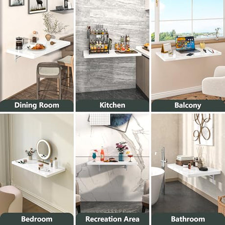 Clikuutory Wall Mounted High Gloss Folding Table, Wall Desk Fold Down for Small Spaces, Folding Workbench for Laundry Room, Home Office, Kitchen, Bedroom, Home Bar, White (31.5"×15.7") Clikuutory