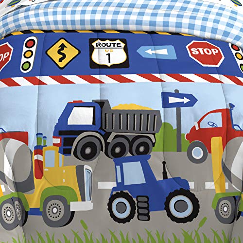 dream FACTORY Trucks Tractors Cars Boys 5-Piece Bedding Kids Construction Comforter Sheet Set, Twin Blue Red Multi dream FACTORY