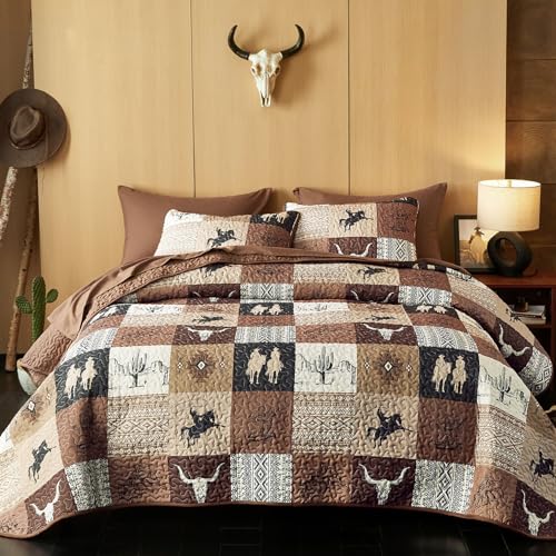 Wake In Cloud - Western Quilt Set, Southwestern Aztec Country Horse Cowboy Rustic Ranch Pattern Printed, Reversible Lightweight Bedspread Coverlet, 3 Pieces, Tan Brown, Queen/Full Size Wake In Cloud