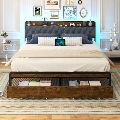 Sismplly King Size Metal Platform Bed Frame with 2 Storage Drawers & LED Light, Upholstered Headboard with Charging Station, No Box Spring Needed, Brown Wood Panel Sismplly