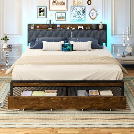 Sismplly King Size Metal Platform Bed Frame with 2 Storage Drawers & LED Light, Upholstered Headboard with Charging Station, No Box Spring Needed, Brown Wood Panel Sismplly
