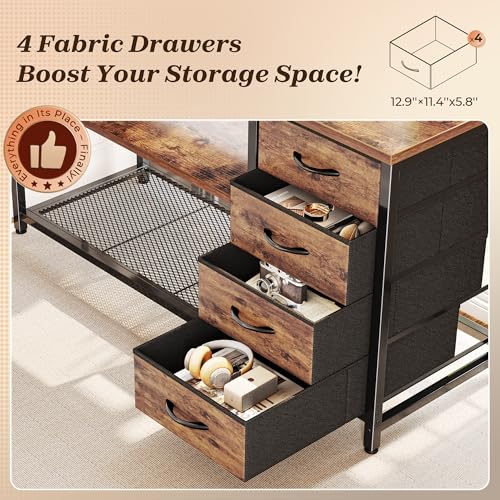 PRAISUN 61" L Shaped Desk with Power Outlets and USB-C Port, Reversible Computer Corner Office Desk with 4 Fabric Drawers and 2 Height-Adjustable Shelves, Large for Gaming Writing Study, Rustic Brown PRAISUN