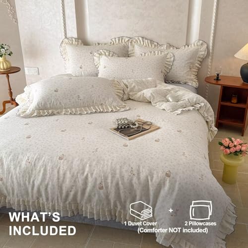 AMZTOP Blue Beige Floral Rabbit Duvet Cover Queen Size with 2 Pillowcases,100 Cotton Muslin Gauze Bed Set for Baby Kids,Lightweight Breathable Lace Ruffle Duvet Covers Teen Girls Queen 90"×90" AMZTOP