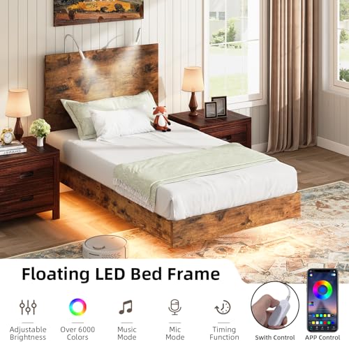 BarnFurin Floating Twin Bed Frame with Led Lights, Wooden Bed Frame with Reading Light Headboard, Heavy Duty Metal Slats, No Box Spring Needed, Easy Assembly, Rustic Brown BarnFurin